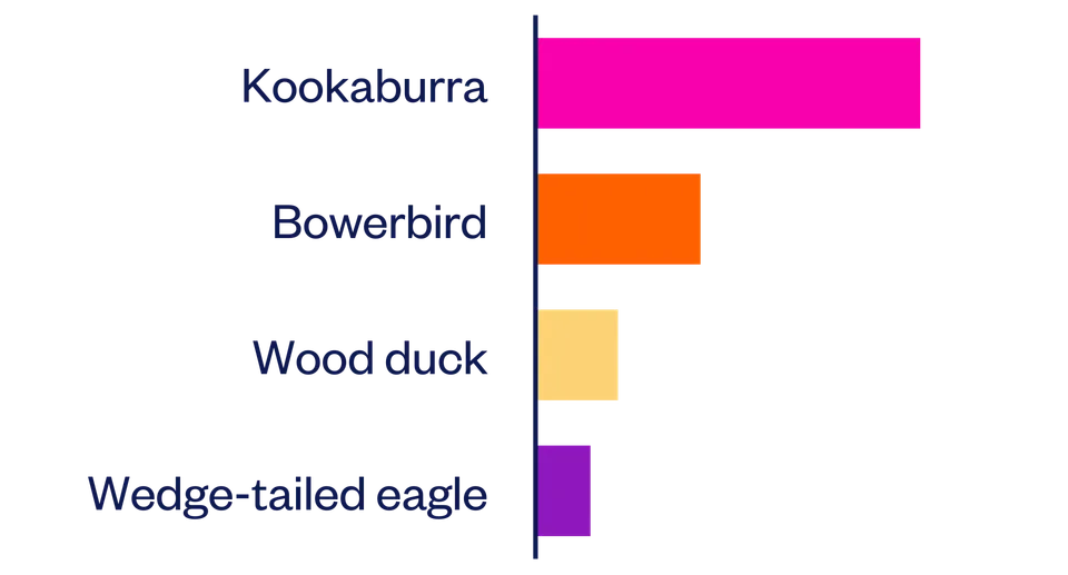 A chart showing the results of the quiz: 56% got Kookaburra. Then Bowerbird (24%), Wood Duck (12%), and Wedge-tailed Eagle (8%).