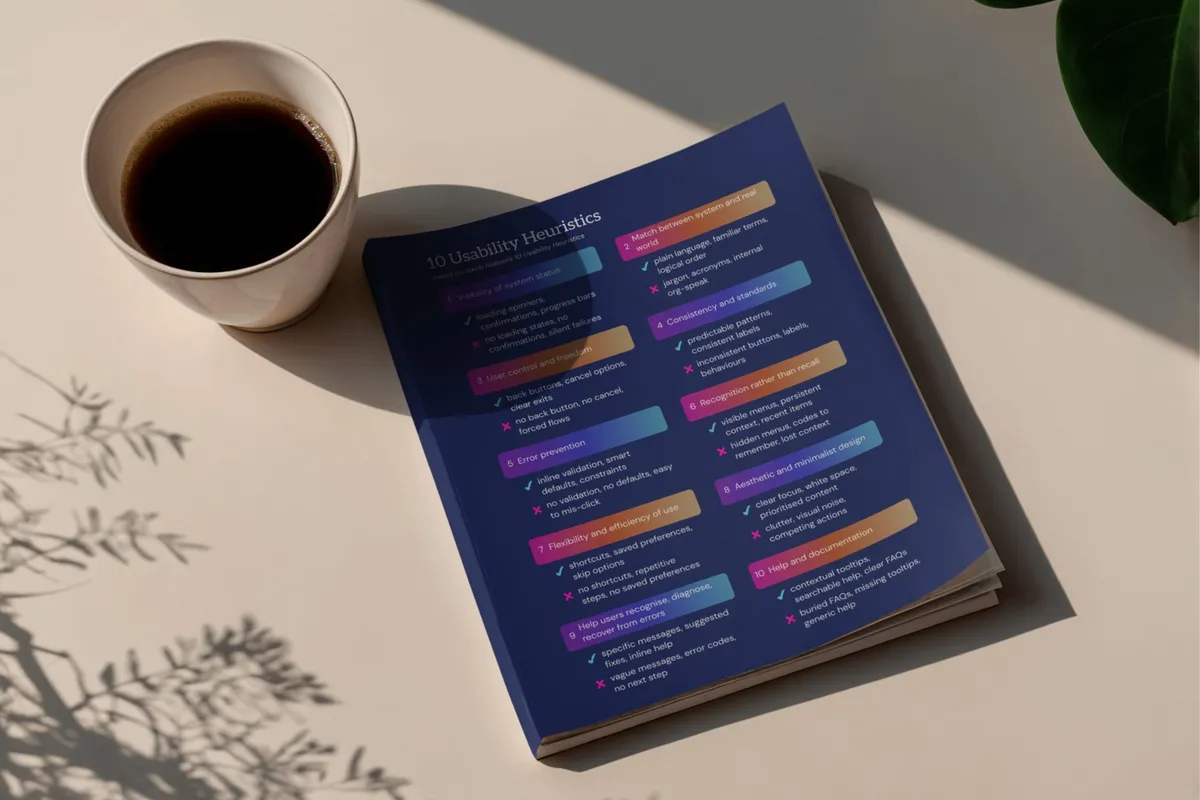 Printed guide showing 10 Usability Heuristics with colorful section headers, displayed on a table with coffee cup and plant